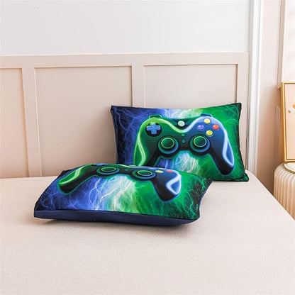 Meeting Story Gamer Gaming Bedding Sets Red Blue Lightnings Gamepad Comforter Set for Boys Games Console Action Buttons Novelty Colorful Modern Room Decor Home Quilt Set (Blue-Grenn, Queen 5Pcs)