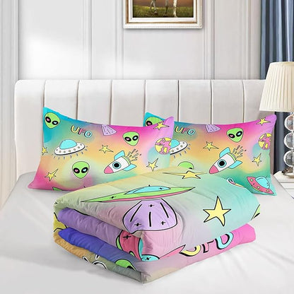 Datura home Space Alien Children Bedding Comforter Set for Girls Kids,Colorful Cartoon Outer Space Planet UFO Lovely Alien Theme Bedding Set with 1 Comforter and 2 Pillowcases(Alien3 Twin)