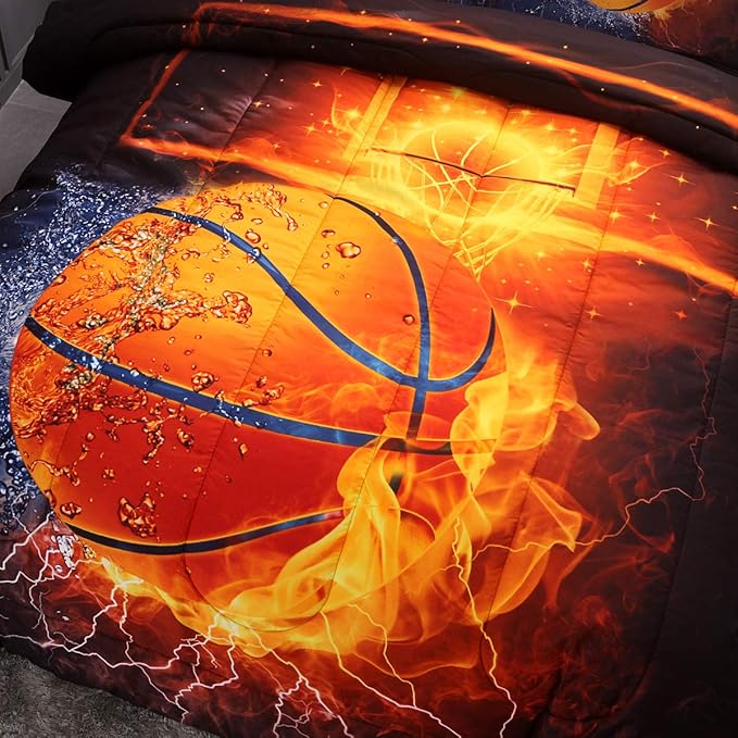 Btargot Twin Basketball and Fire Quilt Set Bedding Sets, 3D Sports Themed Bedding, All-Season Reversible Quilted Duvet, for Children Boy Girl Teen Kids - includes 1 Comforter, 2 Pillow Sham