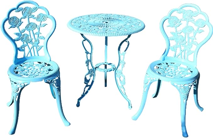 KAI LI Outdoor Furniture Bistro Set with Rose Pattern 1 Table 2 Chairs for Garden Patio Porch (Rose-Light Blue)