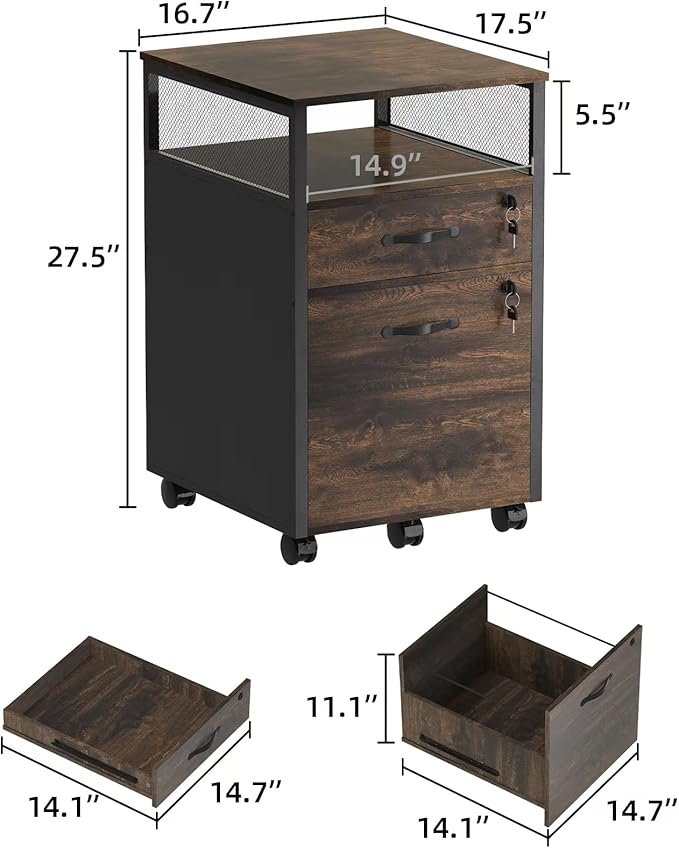 2 drawer file cabinet with lock, Wood Filing Cabinet for Home Office with Wheels and Open Shelf, Small Rolling Printer Stand and Under Desk File Cabinets for A4/Letter-Size Files-Brown