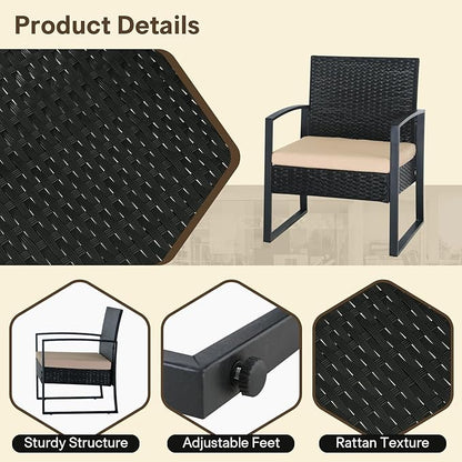3 Pieces Patio Furniture Set, Outdoor Patio Set, Patio Bistro Set, All-Weather Wicker Conversation Set with Cushions Table for Porch Backyard (Black-Brown)