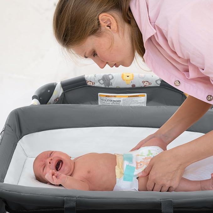 5 in 1 Infant Newborn Baby Crib,Baby Bassinet Bedside Cribs,Pack and Play with Bassinet and Changing Table,Portable Travel Baby Playpen with Bassinet Toys & Music Box,Portable Travel Crib,Dark Gray
