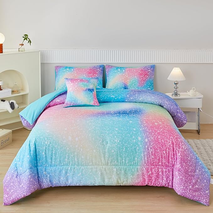 PERFEMET Pink Green Girls Twin Comforter Set, 6 Pieces Colorful Rainbow Kids Bedding Sets, Tie Dye Ombre Glitter Bed in A Bag Comforter Set with Sheets
