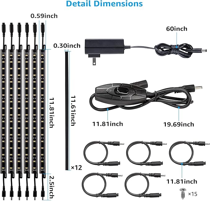 TORCHSTAR LED Safe Lighting Kit, (6) 12 Inch Linkable Light Bars + Rocker Switch + UL Power Adapter, 900LM, Input 100-240V, for Under Cabinet Gun Safe Locker Closet Showcase, 5000K Daylight