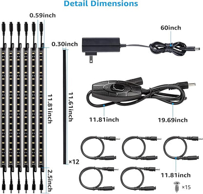TORCHSTAR LED Safe Lighting Kit, (6) 12 Inch Linkable Light Bars + Rocker Switch + UL Power Adapter, 900LM, Input 100-240V, for Under Cabinet Gun Safe Locker Closet Showcase, 5000K Daylight