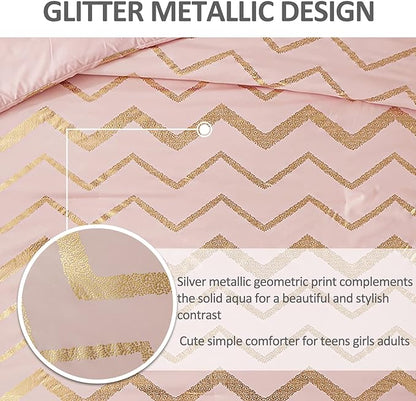 Pink Comforter Set Twin Size, Metallic Blush and Rose Gold Bedding Set, 3 Piece Lightweight Microfiber Comforter for Teen Girls Women (1 Pillow Sham + 1 Decorative Pillow Sham)