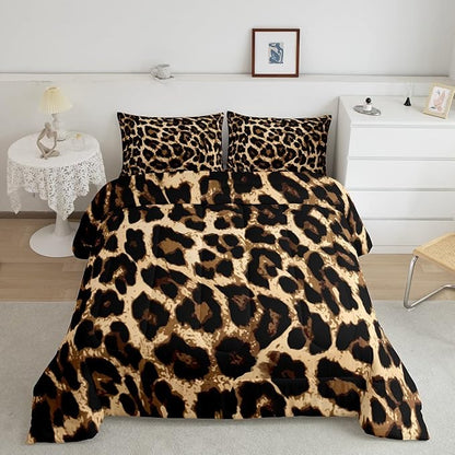 Black Brown Leopard Print Comforter Set Women Cheetah Printed Bedding Set Men Africa Animal Wildlife Duvet Set for Kids Girls Teens Bedroom Decor Luxury Home Hotel Room Soft Comforter King Size 3Pcs