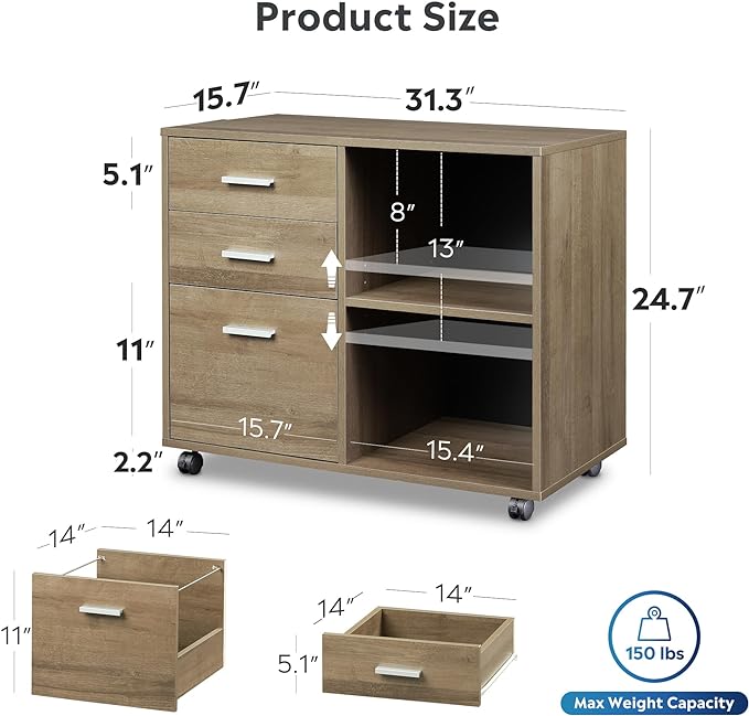 DEVAISE 3-Drawer Wood File Cabinet, Mobile Lateral Filing Cabinet, Printer Stand with Open Storage Shelves for Home Office, Gray Oak