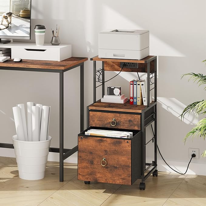 HOOBRO 2-Drawer File Cabinet, Filing Cabinet with Charging Station, Vertical Office Cabinet with Open Storage Shelf, Printer Stand, A4/Letter Size, Nonwovens Drawer, Rustic Brown BF23UWJ01