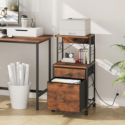 HOOBRO 2-Drawer File Cabinet, Filing Cabinet with Charging Station, Vertical Office Cabinet with Open Storage Shelf, Printer Stand, A4/Letter Size, Nonwovens Drawer, Rustic Brown BF23UWJ01