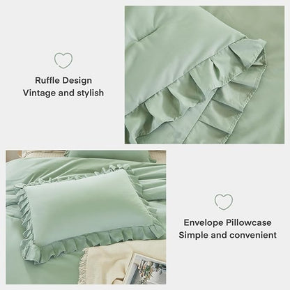 Andency Queen Size Comforter Set, Sage Green Ruffle Bedding Set, 3 Pieces Boho Comforter for Queen Bed, Farmhouse Ruffle Bed Comforter Set, Lightweight and Soft Bedding Comforter for All Seasons
