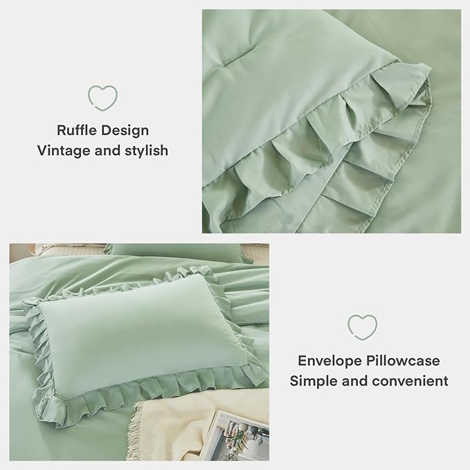 Andency Sage Green Twin Comforter Set, 2 Pieces Kids Ruffle Comforter Set Twin(66x90Inch), Farmhouse Shabby Chic Comforter Set, Soft Microfiber Kids Bedding Set