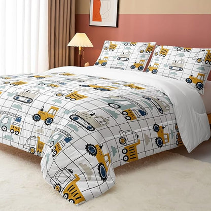 Datura home Construction Truck Comforter Set for Boys Kids Children,Machinery Truck Excavators Vehicles Cartoon Tractor Bedding Set with 1 Comforter and 2 Pillowcases(Construction Truck Twin) 68x86in