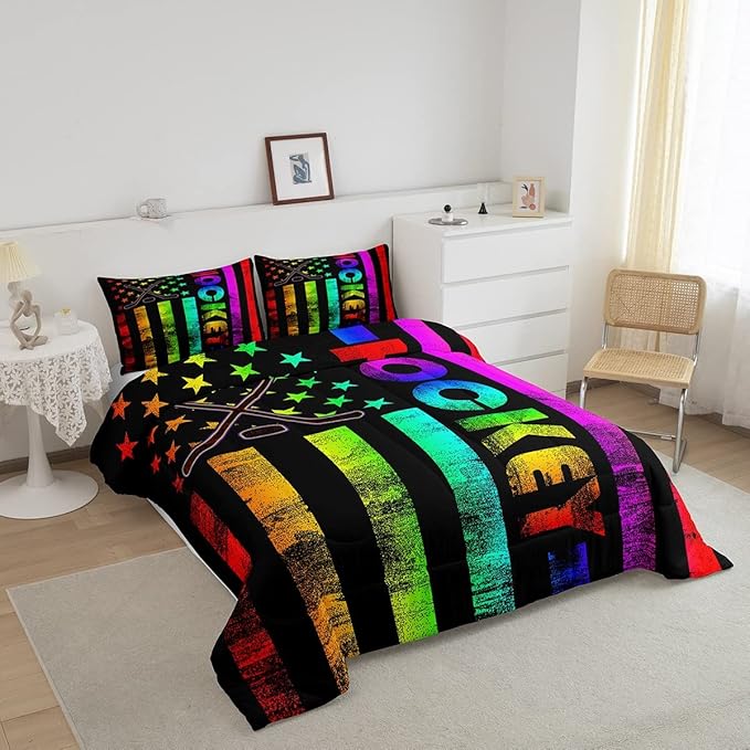 Erosebridal Boys Ice Hockey Bedding Set Full Neon Rainbow American Flag Comforter Set for Kids Teen,Winter Sports Games Bed Comforter Set Retro Colorful Stripes Stars Quilt Duvet 2 Pillow Cases Black