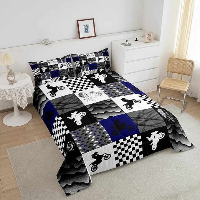 Dirt Bike Comforter Set, Motocross Rider Bedding Comforter Sets Twin, Motorcycle Grunge Down Comforter For Kids Boys Adult Men, Motorbike Extreme Sport Game Comforter, Buffalo Plaid, Blue Grey Black