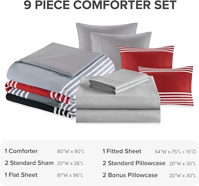 Comfort Spaces Comforter Sets with Sheets - Bed in a Bag 9 Pieces Teen Bedding Sets , Red and Grey Stripes Bedding Full, College Full Bed Set with 2 Side Pockets Bedroom Organizer