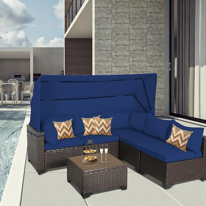 6 PCS Outdoor Patio Furniture Set,Sectional Sofa Set,Rattan Daybed with Retractable Canopy,Adjustable Backrest,Storage Coffee Table,Chaise Chair Sunbed for Garden Poolside Backyard(Dark Blue)