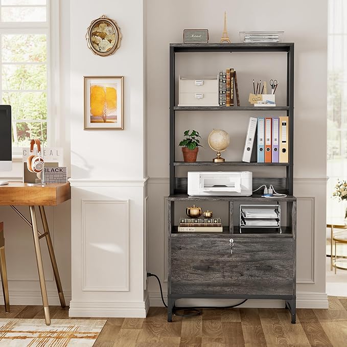 Homieasy File Cabinet with Charging Station, Vertical Filing Cabinet with Lock & Large Drawer, Printer Stand with Storage Shelves, Office Storage Cabinet fits Letter/A4/Legal Size, Grey
