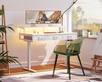 AODK 47 Inch Electric Standing Desk with 3 Drawers, White, Height Adjustable Desk with Power Outlets & LED Lights, Stand Up Desk with Monitor Shelf, Sit Stand Desk Computer Workstation