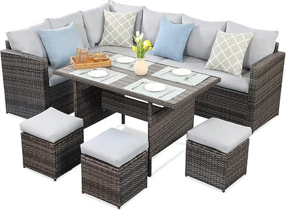 7-Pieces Furniture, PE Wicker Rattan Sets with Dining Ottomans, Patio Table and Chairs, Outdoor Sectional Sofa, Ec-Grey
