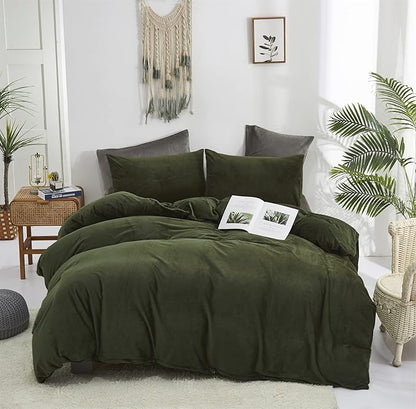 Dark Green Velvet Comforter Set Twin Army Green Flannel Velvet Bedding Comforter Set All Deep Green 3 PCs Shaggy Soft Warm and Durable Flannel Blanket Twin Girls Boys Green Velvet Bedding Set