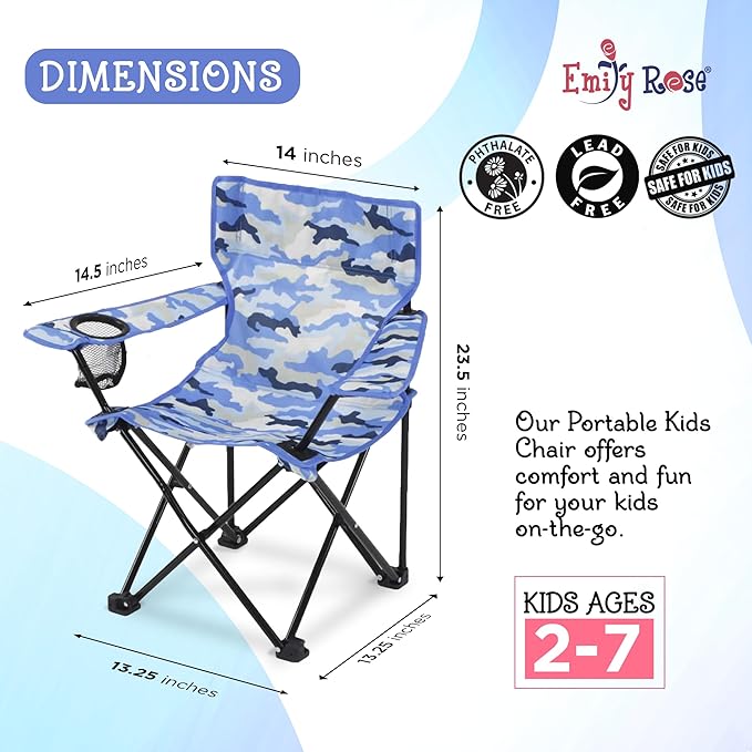 Emily Rose Kids Folding Chair | Beach Chair with Safety Lock- Camping Chair for Boyos Girls Toddler with Cup Holder & Carry Case- Tailgate, Travel, Lawn- for Indoor & Outdoor (Blue Camo)
