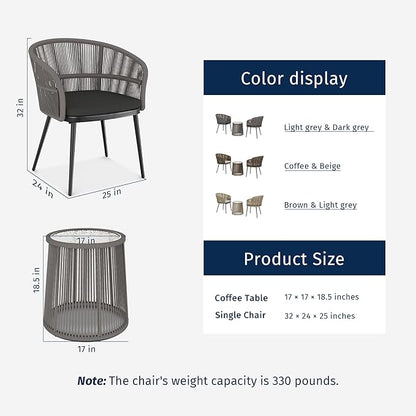 EAST OAK 3-Piece Patio Bistro Set, Patio Conversation Bistro Set with 2 Wide Ergonomic Chairs, Cushions & Glass Top Side Table, Outdoor All-Weather Wicker Furniture for Porch, Gray & Dark Gray