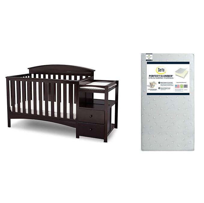 Delta Children Abby Convertible Crib 'N' Changer, Dark Chocolate + Serta Perfect Slumber Dual Sided Recycled Fiber Core Crib and Toddler Mattress (Bundle)