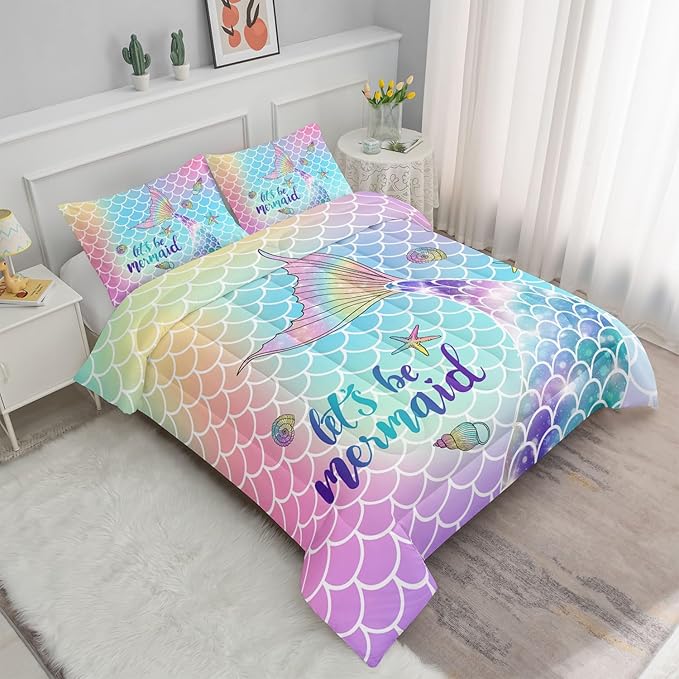 Datura home Bedding Comforter Set Rainbow Scales Mermaid Printed Pattern Bedding Set with 1 Comforter and 2 Pillowcases for Girls Bedroom All Season(Rainbow Scales Mermaid Twin), 68x86inches