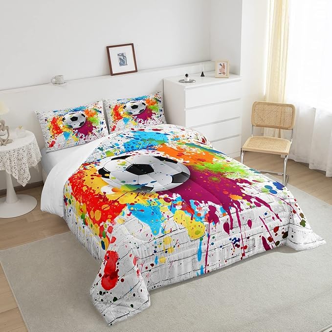 Feelyou Football Bedding Set Rugby Sports Comforter Set Soccer Ball Game Comforter for Boys Girls Teens Decor Gift for Football Lover Duvet Set Twin Size with 1 Pillow Case Boys