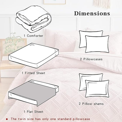 7 Pieces Tufted Bed in a Bag King Comforter Set with Sheets Blush, Soft and Embroidery Shabby Chic Boho Bohemian, Luxury Solid Color with Diamond Pattern, Jacquard Tufts Bedding Set for All Season