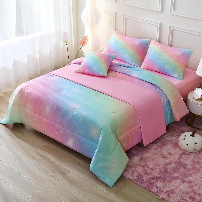 JQinHome Glitter Bedding Set Twin Size,6 Piece Bed in A Bag 3D Colorful Rainbow Galaxy Comforter Set for Girls Kids-All Season Microfiber Tie-Dye Bedding Sets(Rainbow)