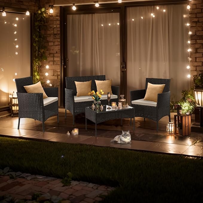Outvita 4 Pieces Patio Furniture Set, Rattan Conversation Sets with Loveseat Soft Cushion and Glass Table for Garden Backyard Balcony Porch Poolside(Black)
