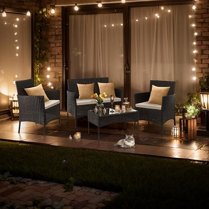Outvita 4 Pieces Patio Furniture Set, Rattan Conversation Sets with Loveseat Soft Cushion and Glass Table for Garden Backyard Balcony Porch Poolside(Black)