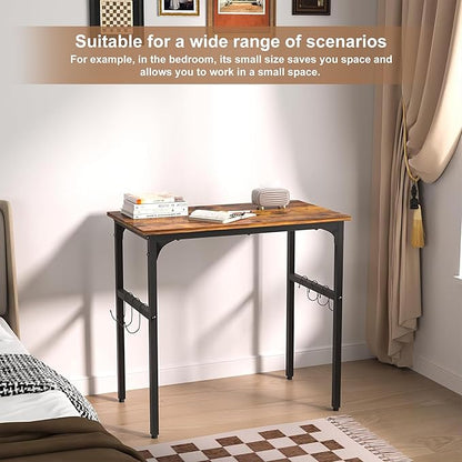 VECELO 32 Inch Small Computer Stable Writing Study Work 4 Hooks Adjustable Feet Wooden Desk for Home,Bedroom,Rusic Brown, 32Inches