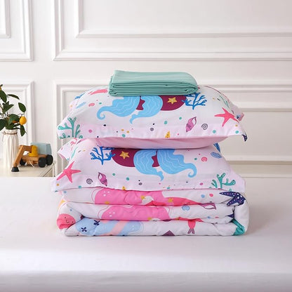 Wajade Kids Mermaids Comforter Set Bed in A Bag Twin Size 7 Piece Colorful 3D Cartoon Mermaids Bedding Set for Girls (1 Comforter, 1 Flat Sheet, 1 Fitted Sheet, 2 Pillowcase and 2 Pillow Sham)