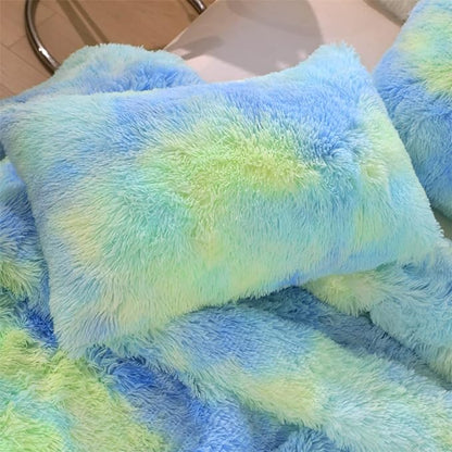 Faux Fur Kids Girls Green Rainbow Comforter Sets Queen - 3PC Bed Set Warm Comfortable Soft Plush Flannel Velvet Fluffy Fuzzy Bedding（Comforter x 1 Pillowcases x 2）
