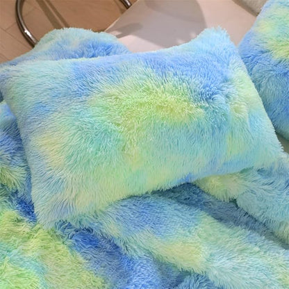Faux Fur Kids Girls Green Rainbow Comforter Sets Twin/Full - 3PC Bed Set Warm Comfortable Soft Plush Flannel Velvet Fluffy Fuzzy Bedding（Comforter x 1 Pillowcases x 2）