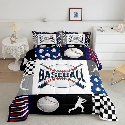 Kids Baseball Comforter Set Full Size Bed,Teen Boys Sports Baseball Bedding Set Sport Baseball Quilt Set Patchwork Geometric Checkered Soft Lightweight Comforter Balck White Navy Blue 2 Pillowcases