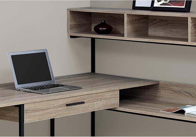 Monarch Specialties Workstation for Home & Office with Multiple Shelves and Drawer L-Shaped Corner Desk with Hutch, 60" L, Dark Taupe/Black Frame