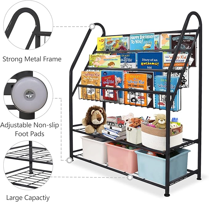aboxoo Metal Kids Bookshelf Black Large Freestanding for Children Room 32 in Toy Organizer Large Stable Bookcase Bookstore Library Book Unit Storage Kids Bed Living Room
