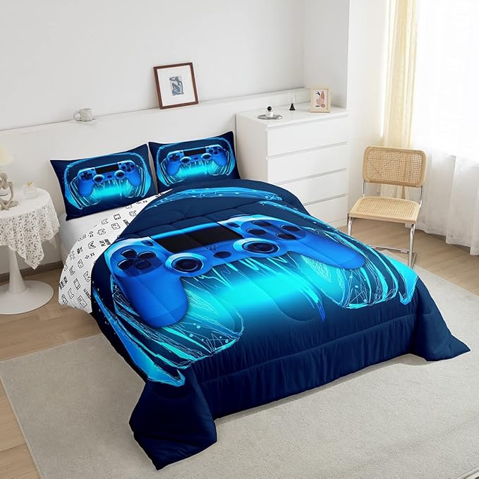 Gamer Comforter Set King Size,Blue Headphones Musical Design Games Gamepad Bedding Set for Kids Boys Video Game Room Decor Retro Playing Gamer Down Comforter Gaming Controller Quilted Duvet Set