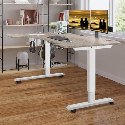Adjustable Height L-Shaped 59 Inch Electric Standing Desk - Sit Stand Computer Desk, Stand Up Desk Table for Home Office, White Frame and Oak Top