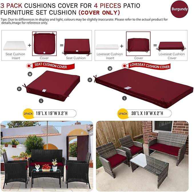 ClawsCover 3Pack Outdoor Seat Cushions Replacement Covers Fit for 4 Pieces Wicker Rattan Furniture Patio Conversation Set Loveseat Chair,38x19x2,19x19x2,Burgundy-Large (Include Cover Only)