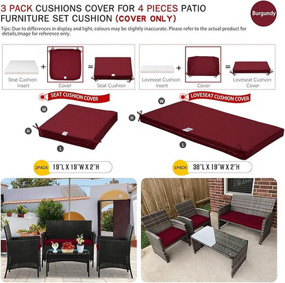 ClawsCover 3Pack Outdoor Seat Cushions Replacement Covers Fit for 4 Pieces Wicker Rattan Furniture Patio Conversation Set Loveseat Chair,38x19x2,19x19x2,Burgundy-Large (Include Cover Only)