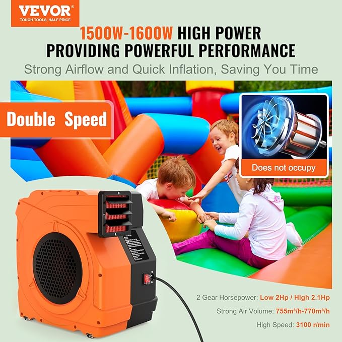 VEVOR Inflatable Blower, 1500W, 2 & 2.1 HP Bounce House Blower, Pump Commercial Air Blower for Inflatables, 3100 RPM Bouncy Castle Electric Fan Perfect for Bounce House