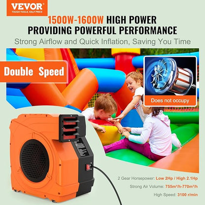 VEVOR Inflatable Blower, 1500W, 2 & 2.1 HP Bounce House Blower, Pump Commercial Air Blower for Inflatables, 3100 RPM Bouncy Castle Electric Fan Perfect for Bounce House