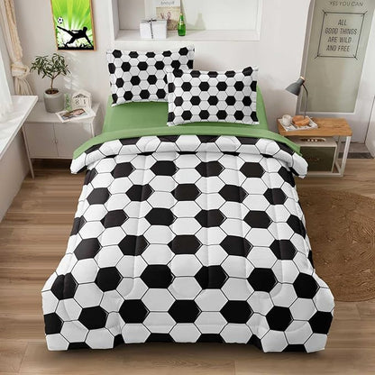 Soccer Comforter Set Full for Boys Girls, 5 Pieces Soccer Bedding Twin Bed in a Bag Set with Sheets, Black and White Bed Sets for Teenage
