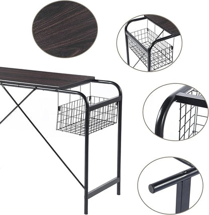 FurnitureR Home Office Computer Basket 31.5“ Wooden Laptop Table with Storage Workstation Modern Study Writing Desk, Walnut Black